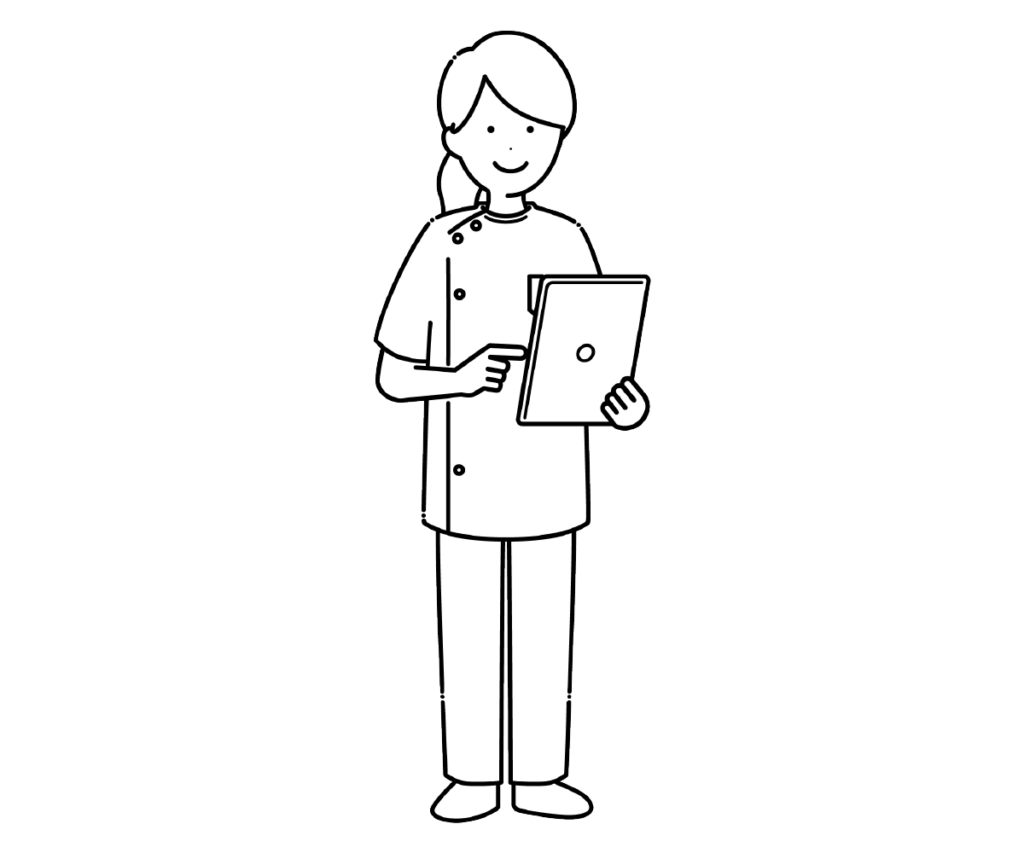 タブレットを操作する女性看護師の白黒イラスト