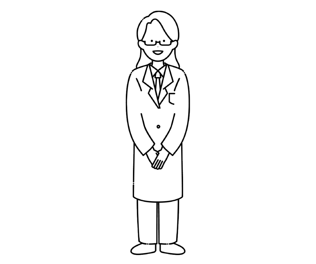 身体の前で手を組む眼鏡をかけた女性医師の白黒イラスト