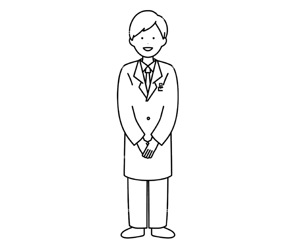 身体の前で手を組む男性薬剤師の白黒イラスト