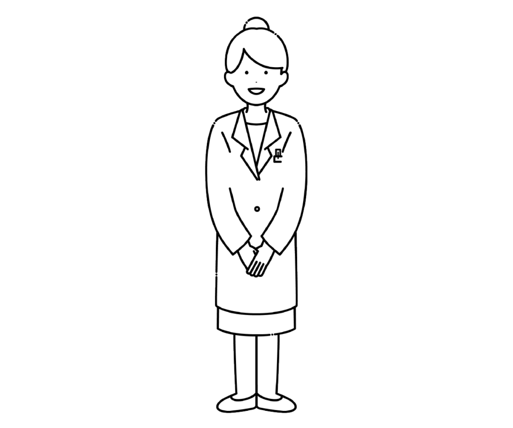 身体の前で手を組む女性薬剤師の白黒イラスト