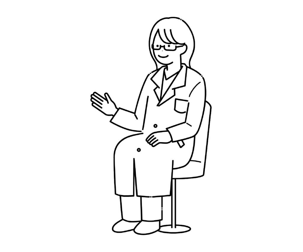 椅子に座る白衣の女性医師の白黒イラスト