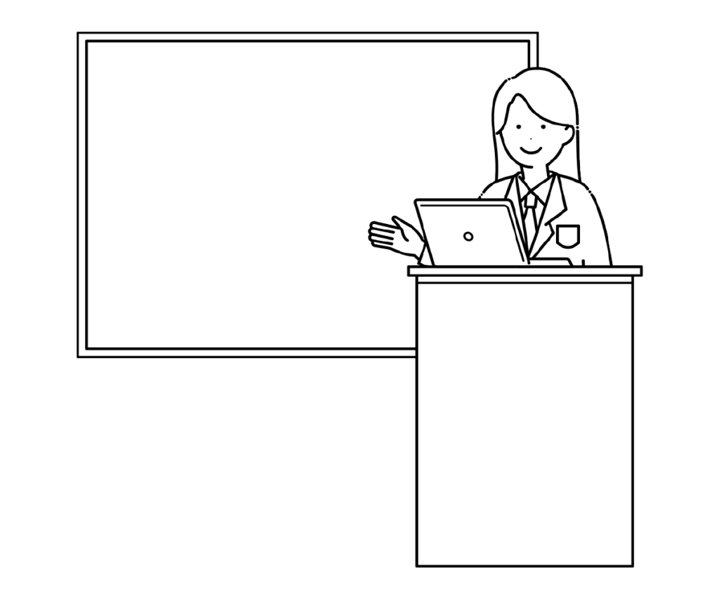 ボードで説明をする白衣の女性の白黒イラスト
