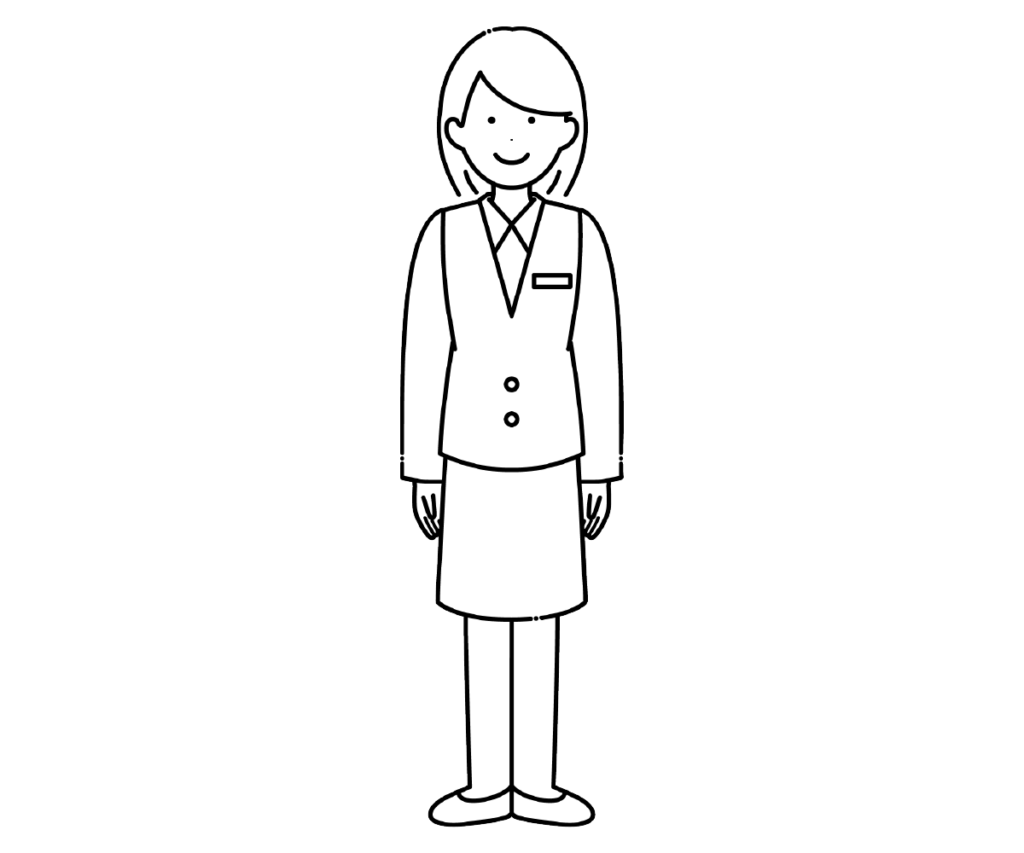 制服を着た女性事務員の白黒イラスト