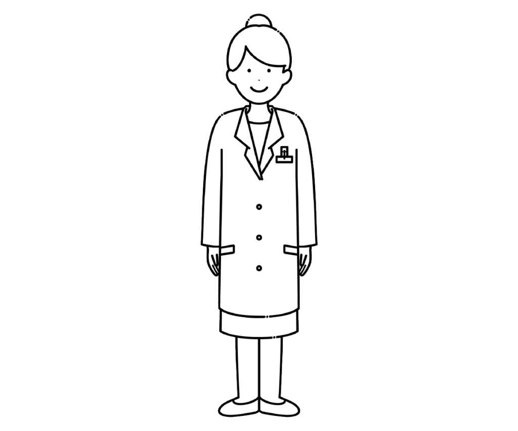 白衣を着た女性薬剤師の白黒イラスト
