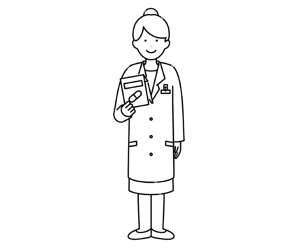 薬を持って白衣を着た女性薬剤師の白黒イラスト