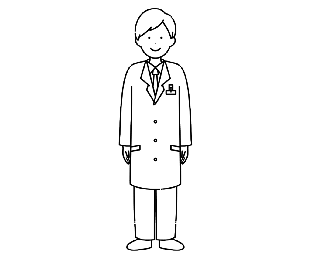 白衣を着た男性薬剤師の白黒イラスト