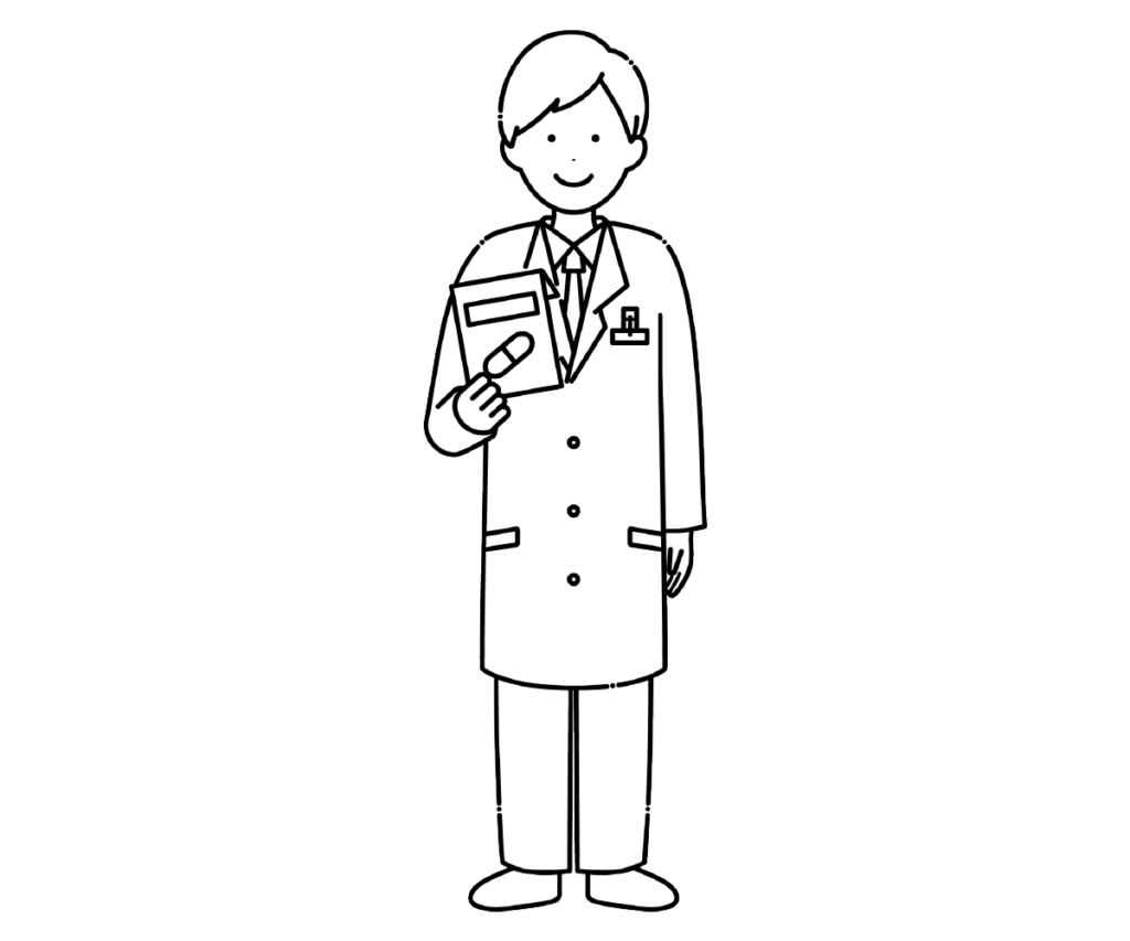 薬を持って白衣を着た男性薬剤師の白黒イラスト