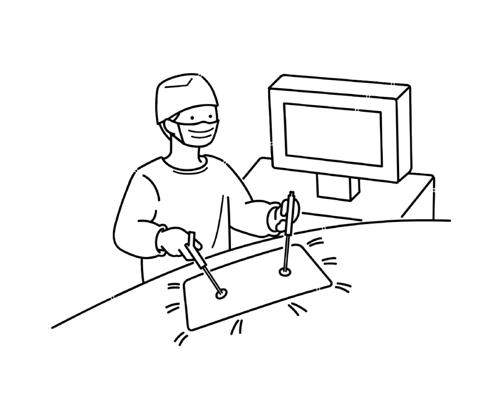腹腔鏡手術（ブルーモニター）の白黒イラスト