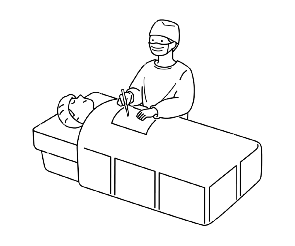 メスを持ち手術を行う医師の白黒イラスト