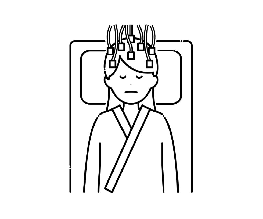 横になり脳波検査を受ける女性の白黒イラスト