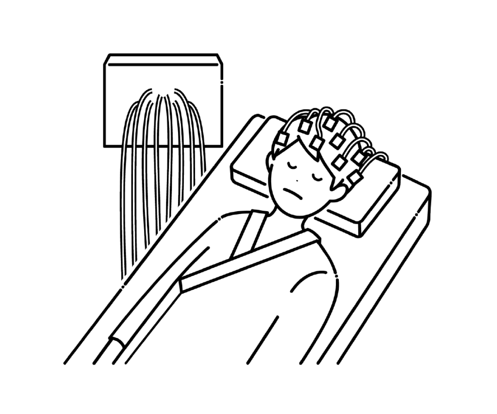 横になり脳波検査を受ける男性と装置の白黒イラスト