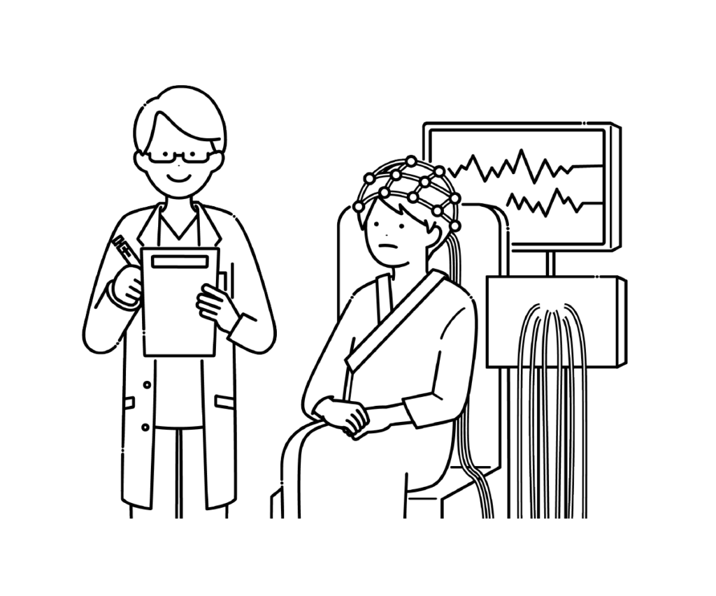 座って脳波検査を受ける男性と検査技師の白黒イラスト
