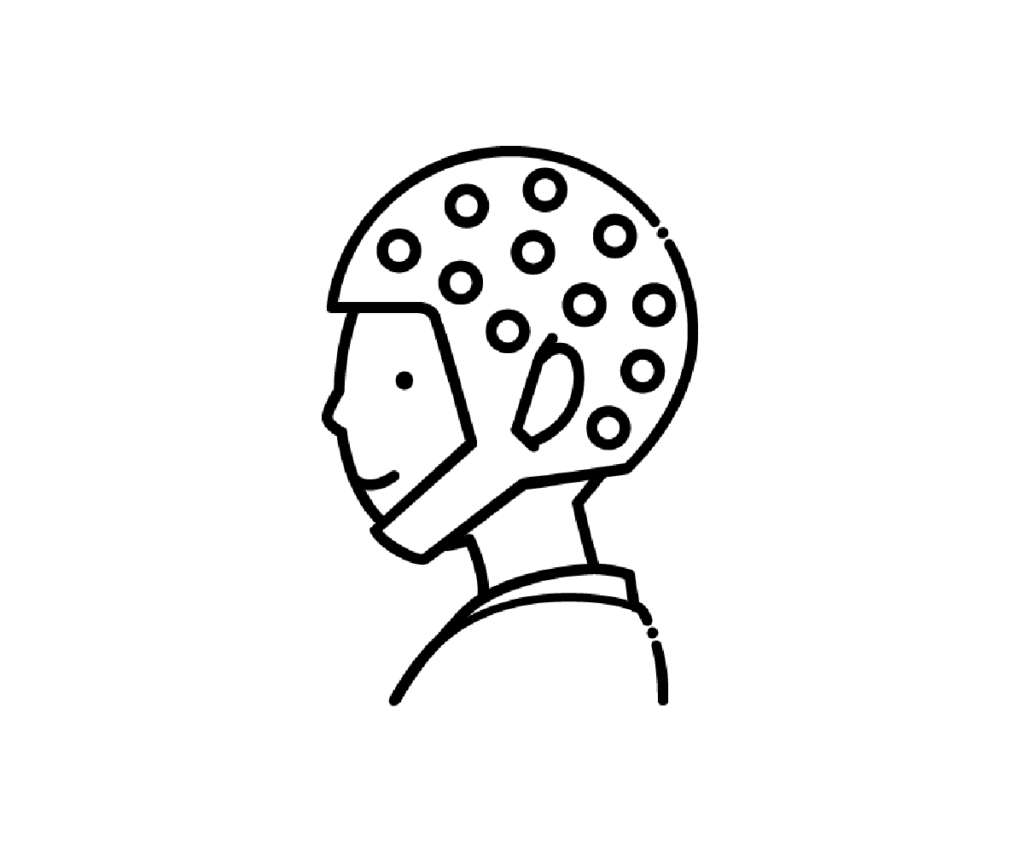 脳波検査用キャップを被った頭部の白黒イラスト