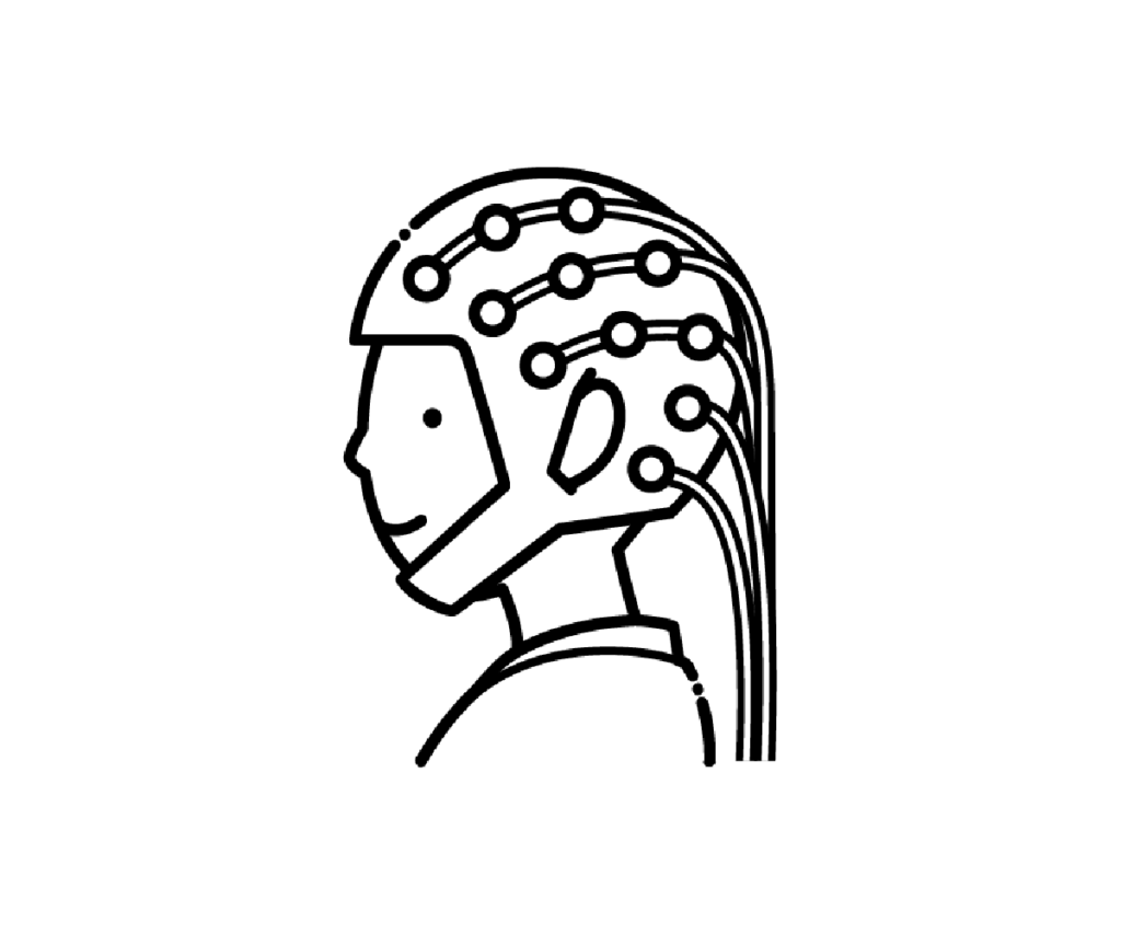 脳波検査用キャップ（電極つき）を被った頭部の白黒イラスト
