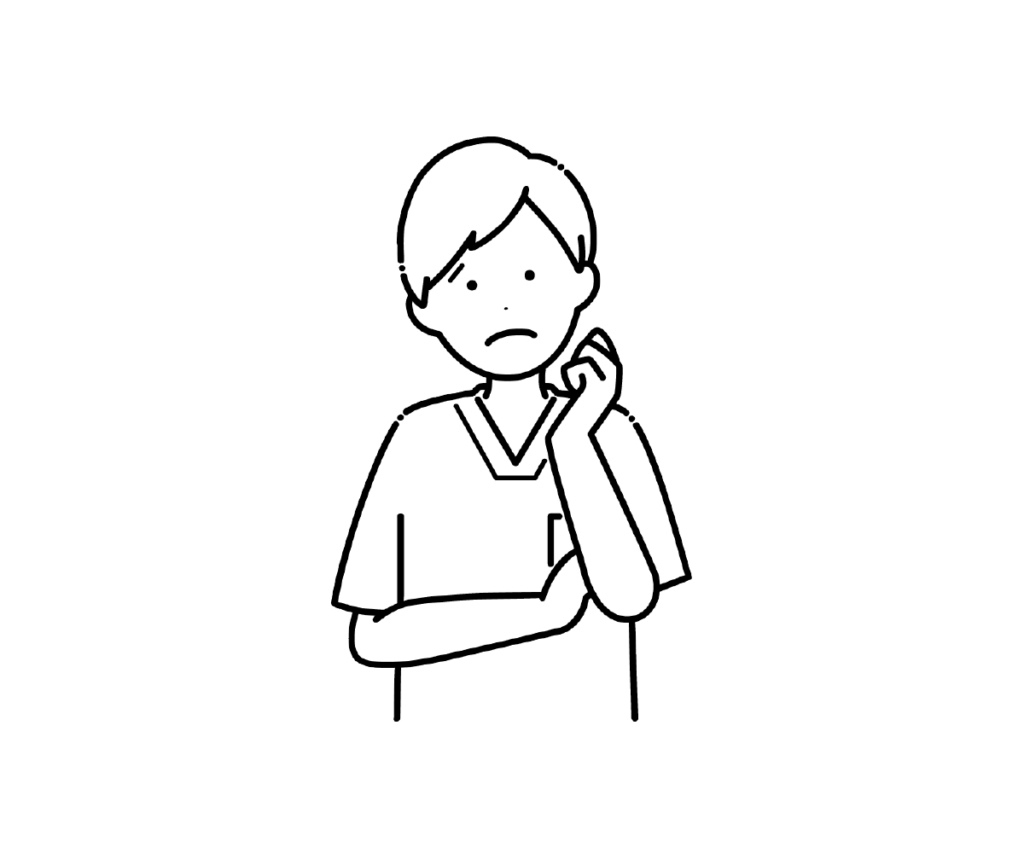 スクラブ姿で困った様子の男性看護師の白黒イラスト