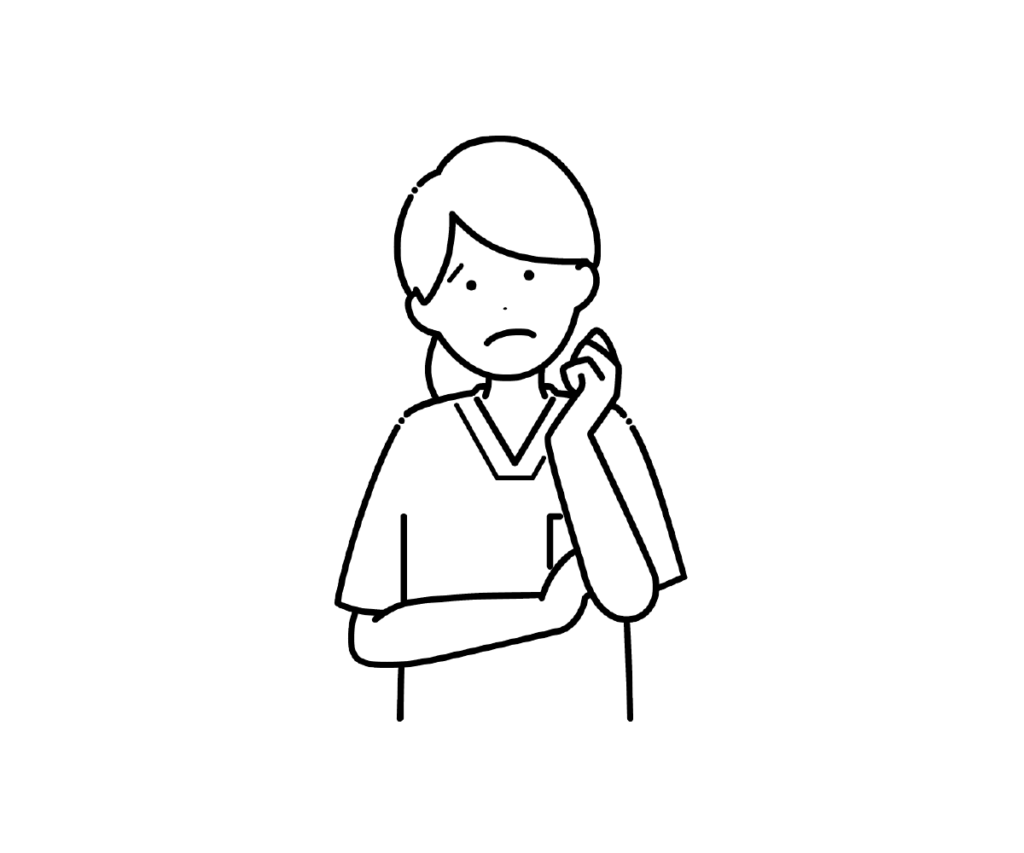 スクラブ姿で困った様子の女性看護師の白黒イラスト