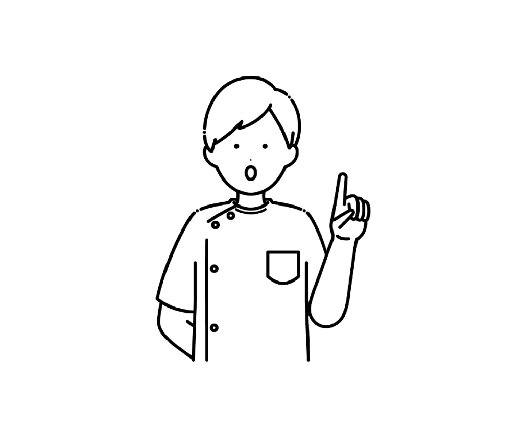 ケーシー姿で指を立てて話す男性看護師の白黒イラスト