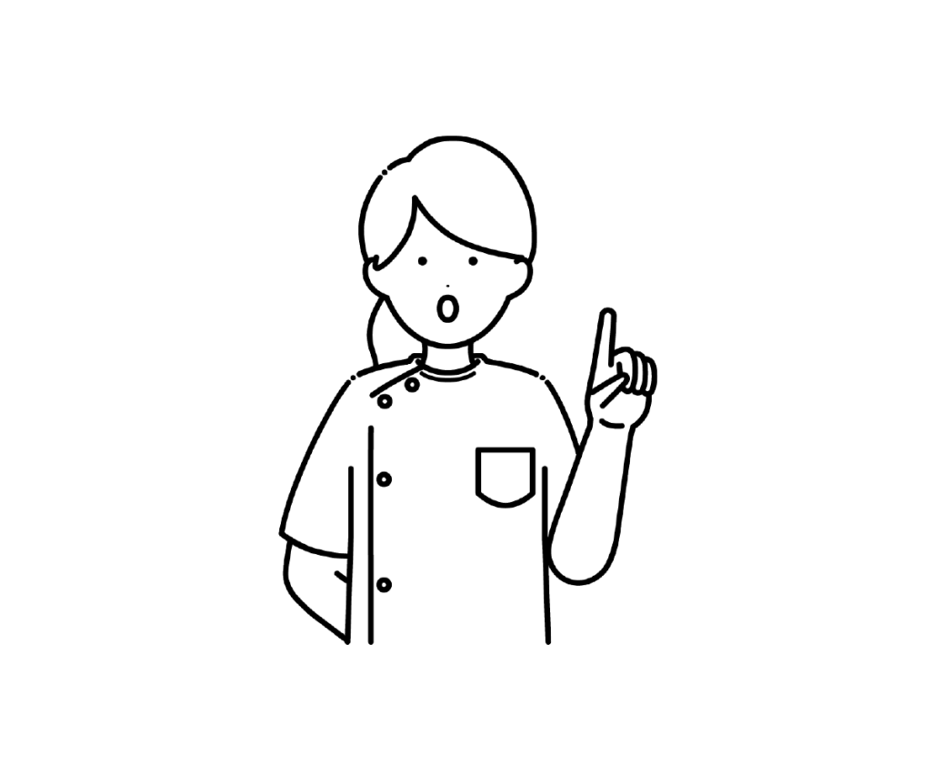 ケーシー姿で指を立てて話す女性看護師の白黒イラスト