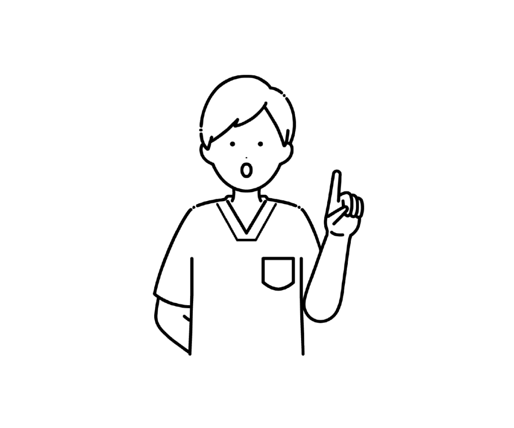 スクラブ姿で指を立てて話す男性看護師の白黒イラスト