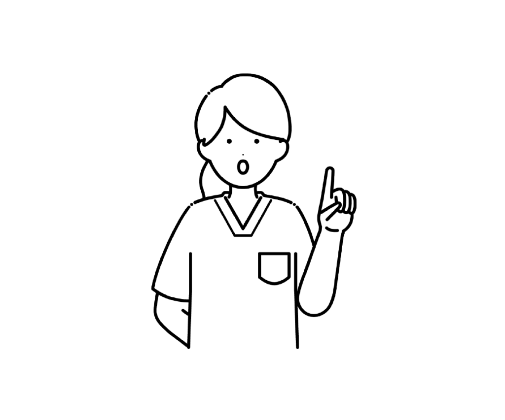 スクラブ姿で指を立てて話す女性看護師の白黒イラスト
