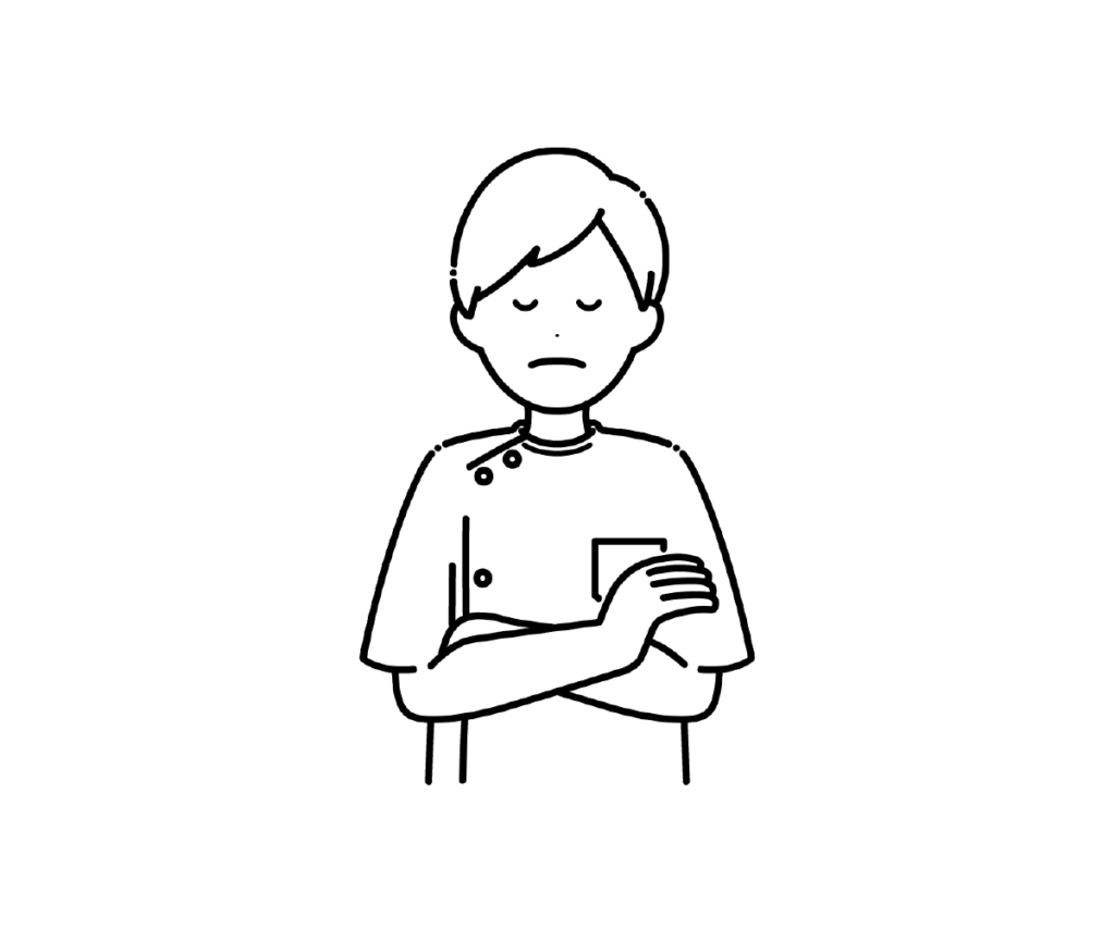 ケーシー姿で腕を組んで悩む男性看護師の白黒イラスト
