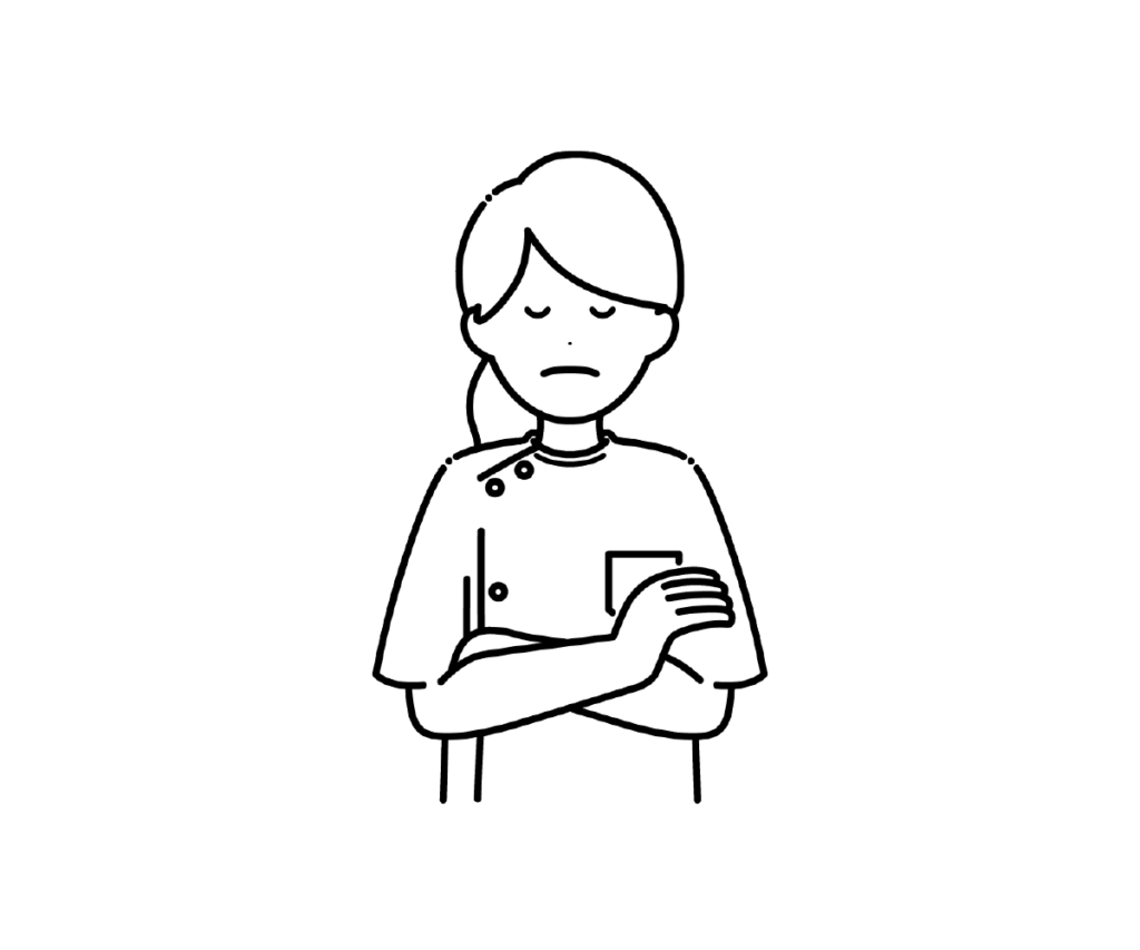 ケーシー姿で腕を組んで悩む女性看護師の白黒イラスト