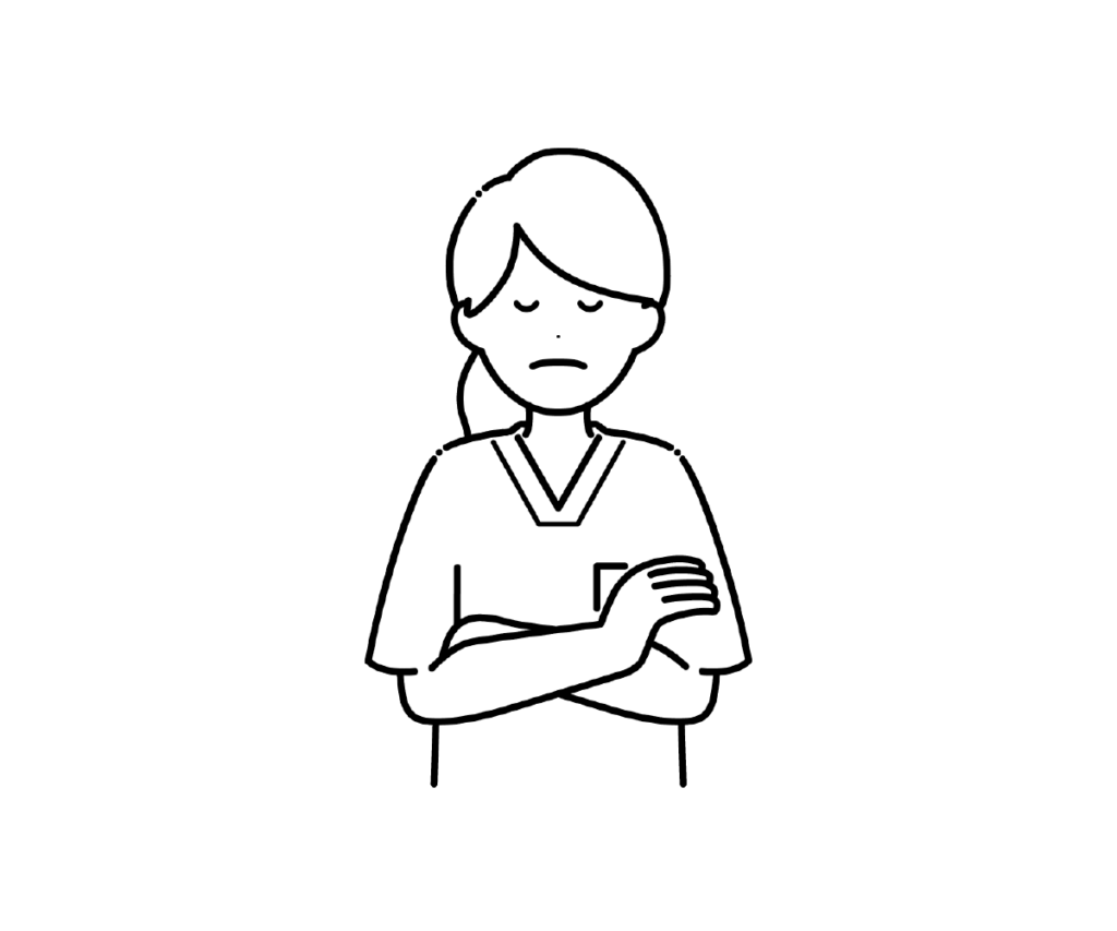 スクラブ姿で腕を組んで悩む女性看護師の白黒イラスト