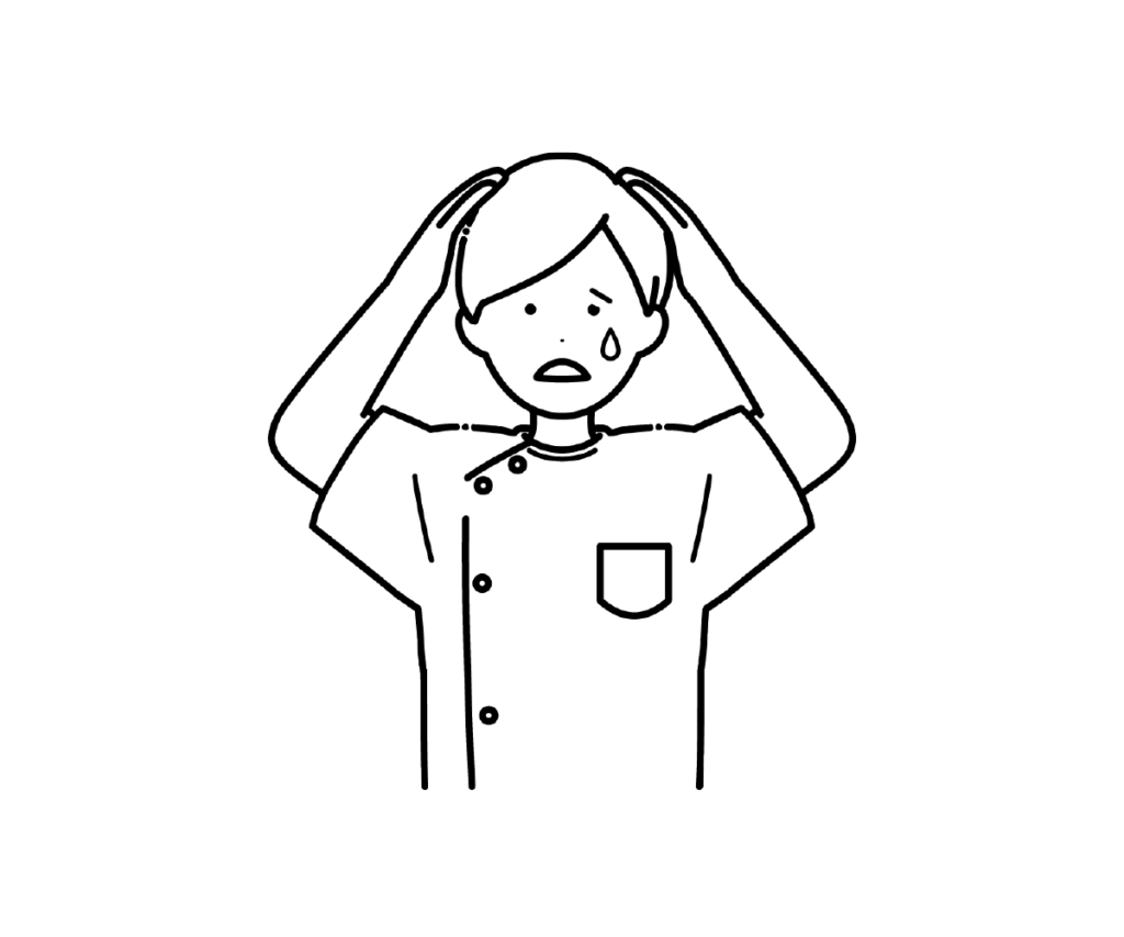 ケーシー姿で頭を抱え焦る男性看護師の白黒イラスト