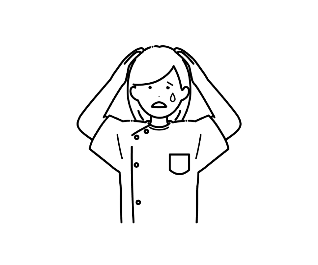 ケーシー姿で頭を抱え焦る女性看護師の白黒イラスト