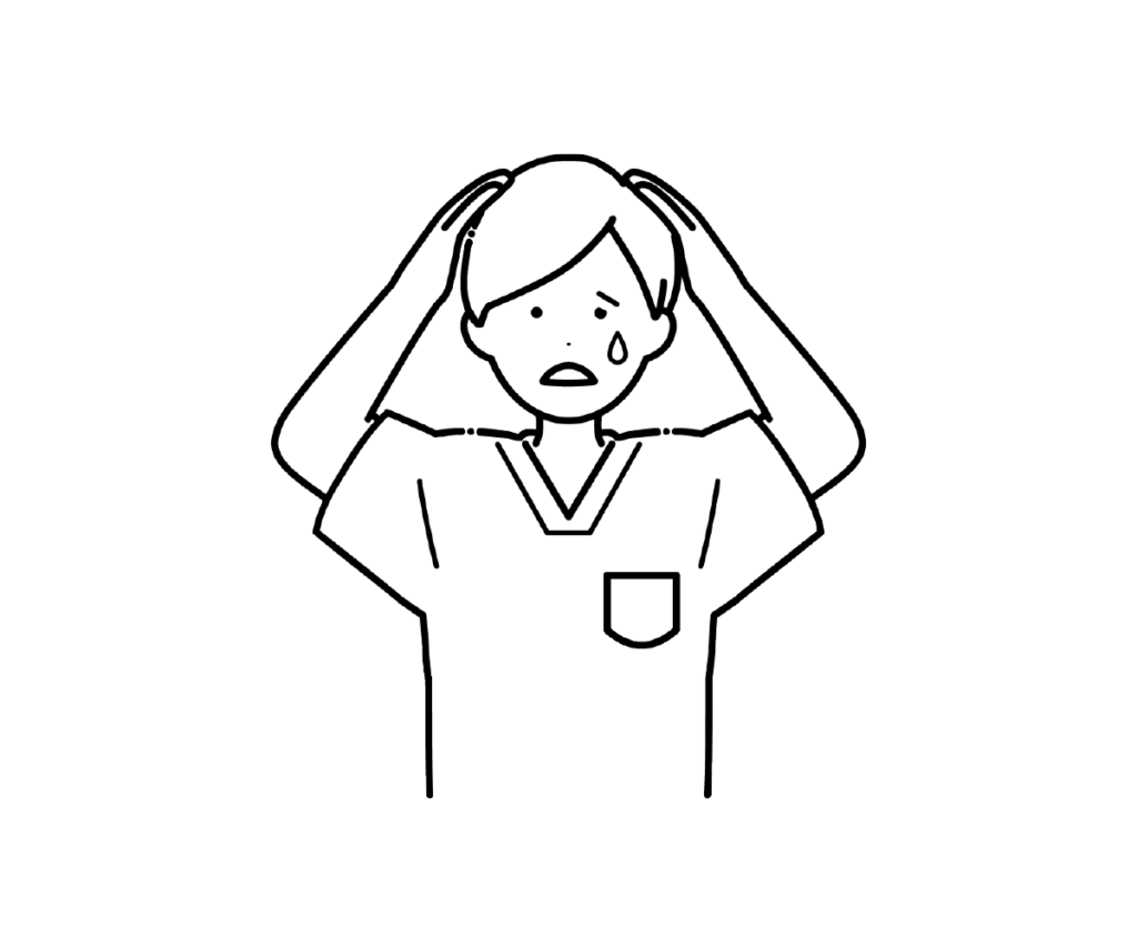 スクラブ姿で頭を抱え焦る男性看護師の白黒イラスト