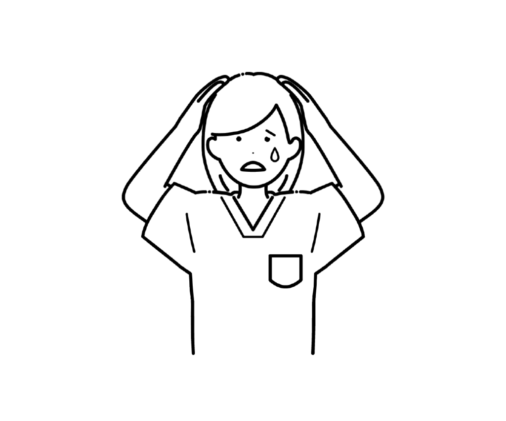 スクラブ姿で頭を抱え焦る女性看護師の白黒イラスト
