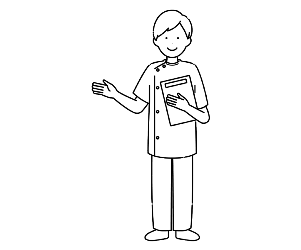 ケーシー姿でバインダーを持つ男性看護師の白黒イラスト