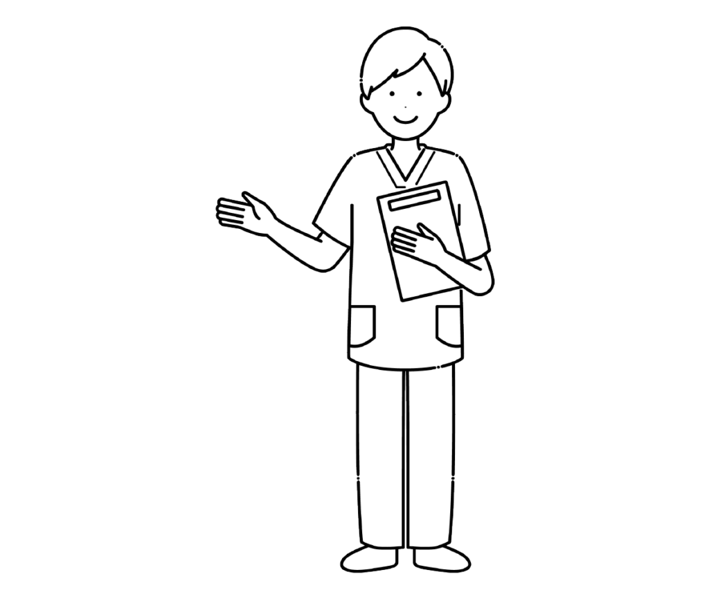 スクラブ姿でバインダーを持つ男性看護師の白黒イラスト