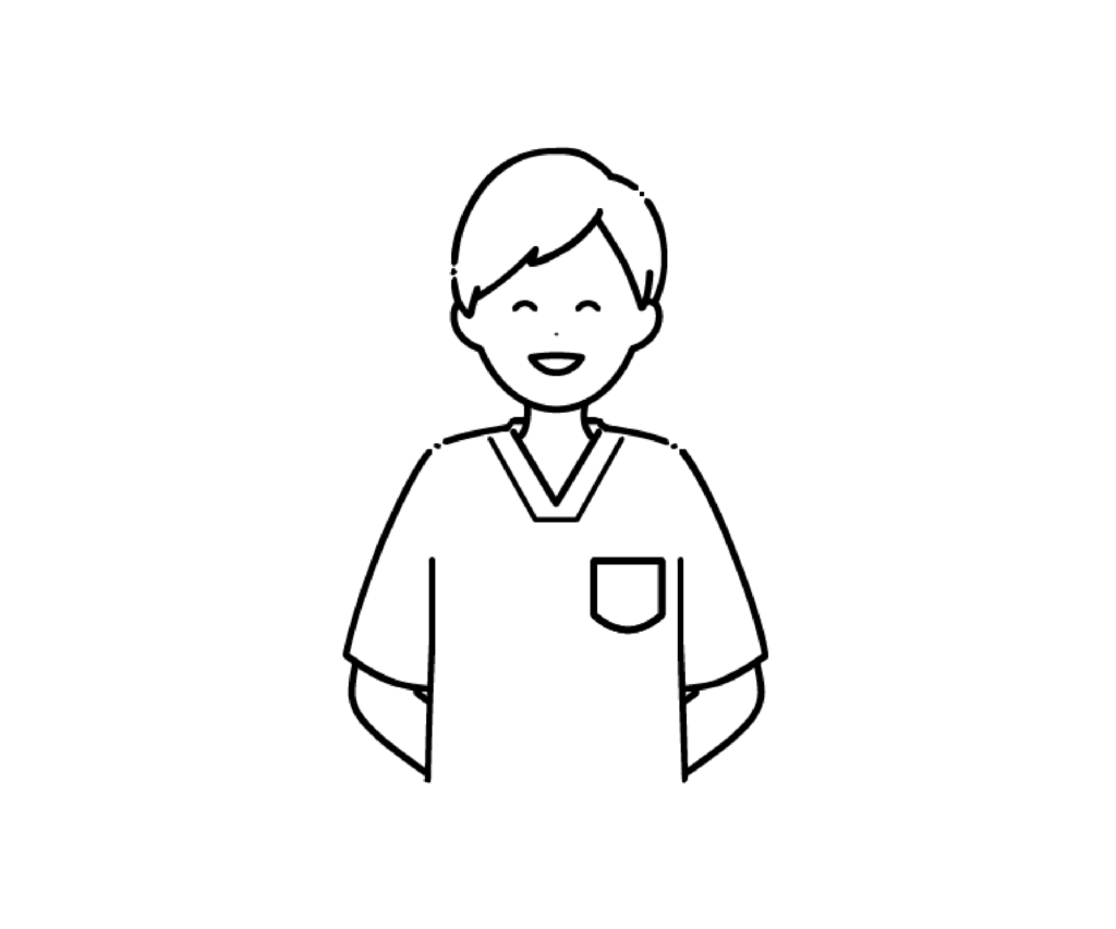 スクラブ姿で笑顔の男性看護師の白黒イラスト