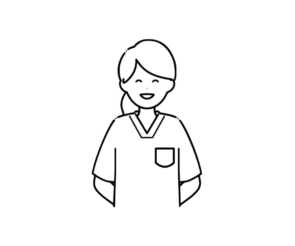 スクラブ姿で笑顔の女性看護師の白黒イラスト