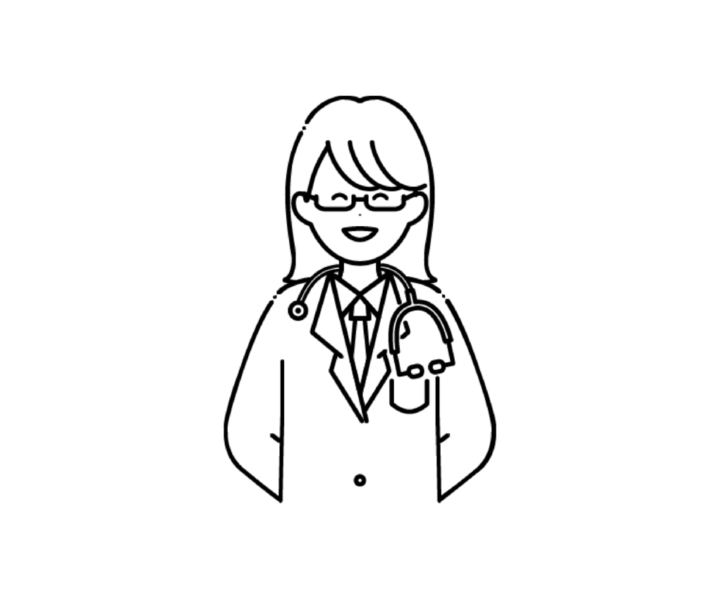白衣を着て眼鏡をかけた笑顔の女性医師の白黒イラスト