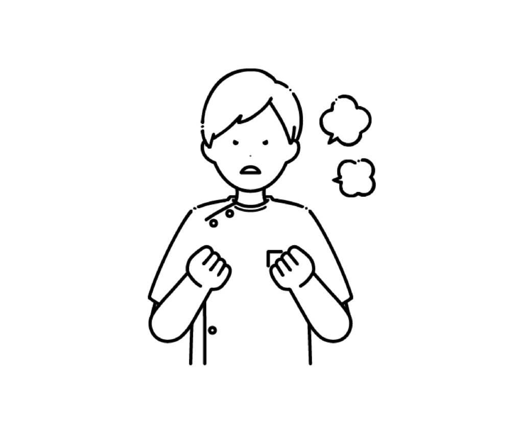 ケーシー姿で怒った男性看護師の白黒イラスト