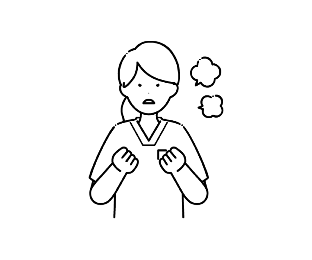 スクラブ姿で怒った女性看護師の白黒イラスト