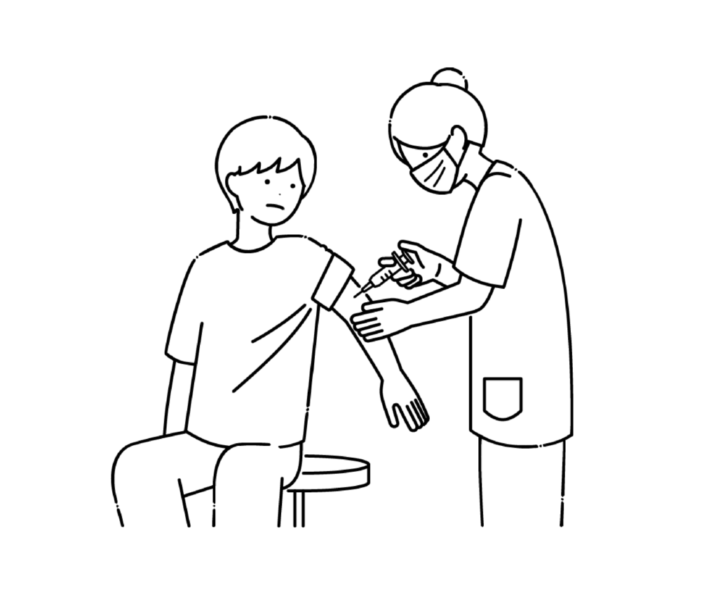 予防接種をするスクラブ姿の女性看護師の白黒イラスト