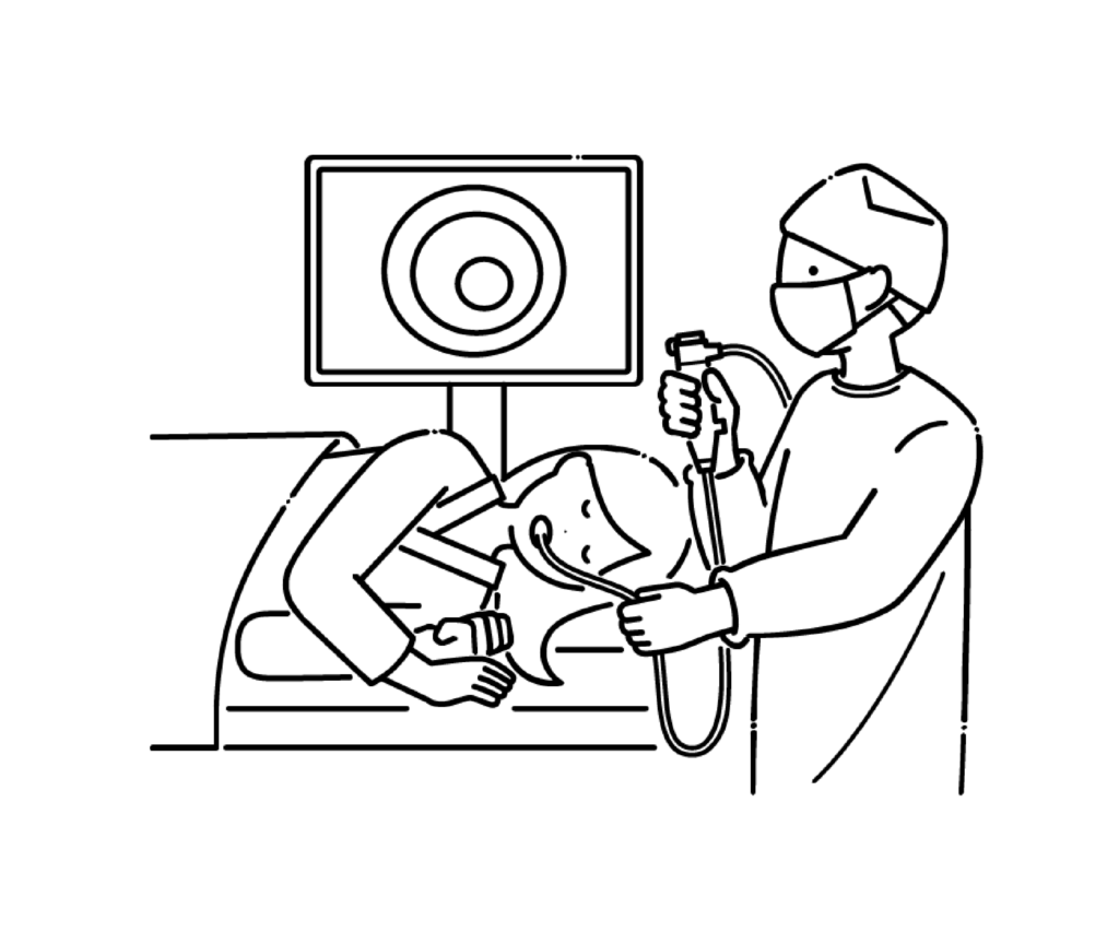 内視鏡検査をする手術着の医師と患者の白黒イラスト