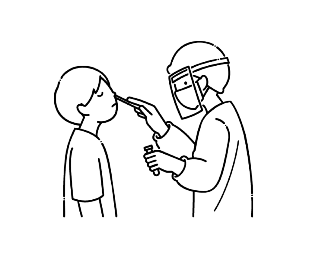 感染対策をしてPCR検査をする白黒イラスト