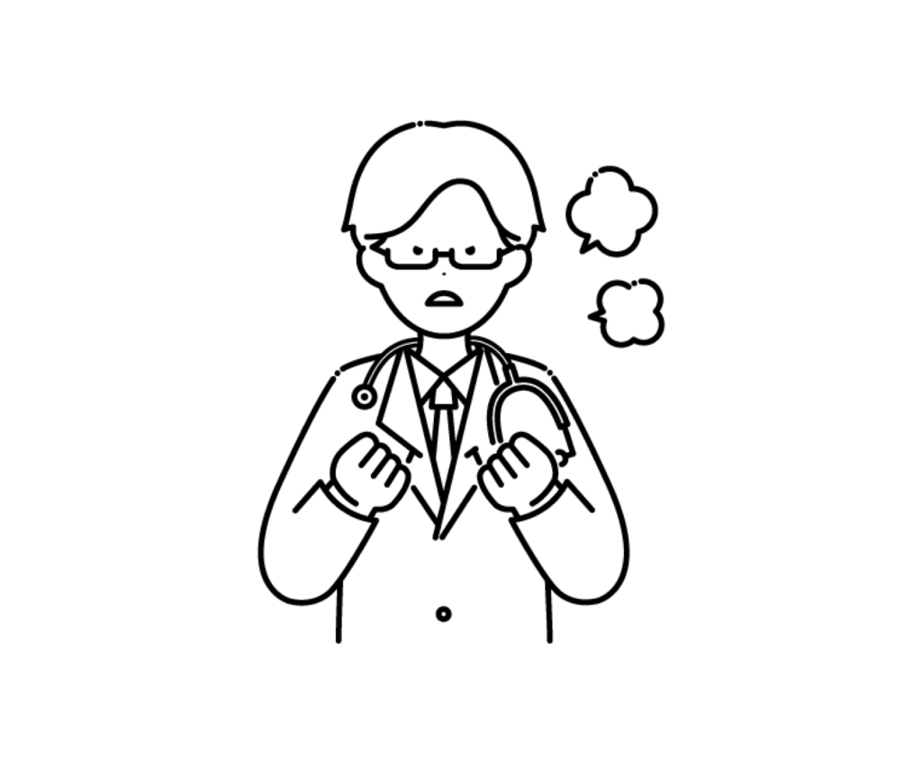白衣を着て怒った男性医師の白黒イラスト