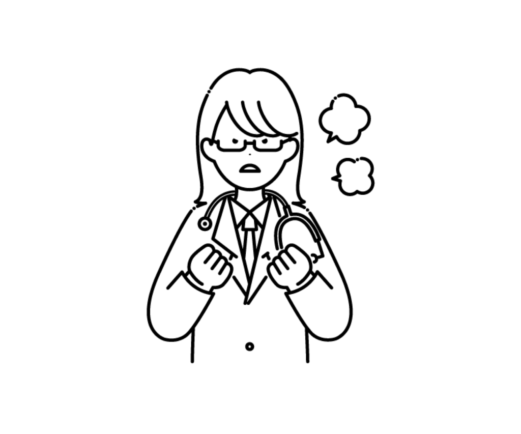 白衣を着て怒った女性医師の白黒イラスト