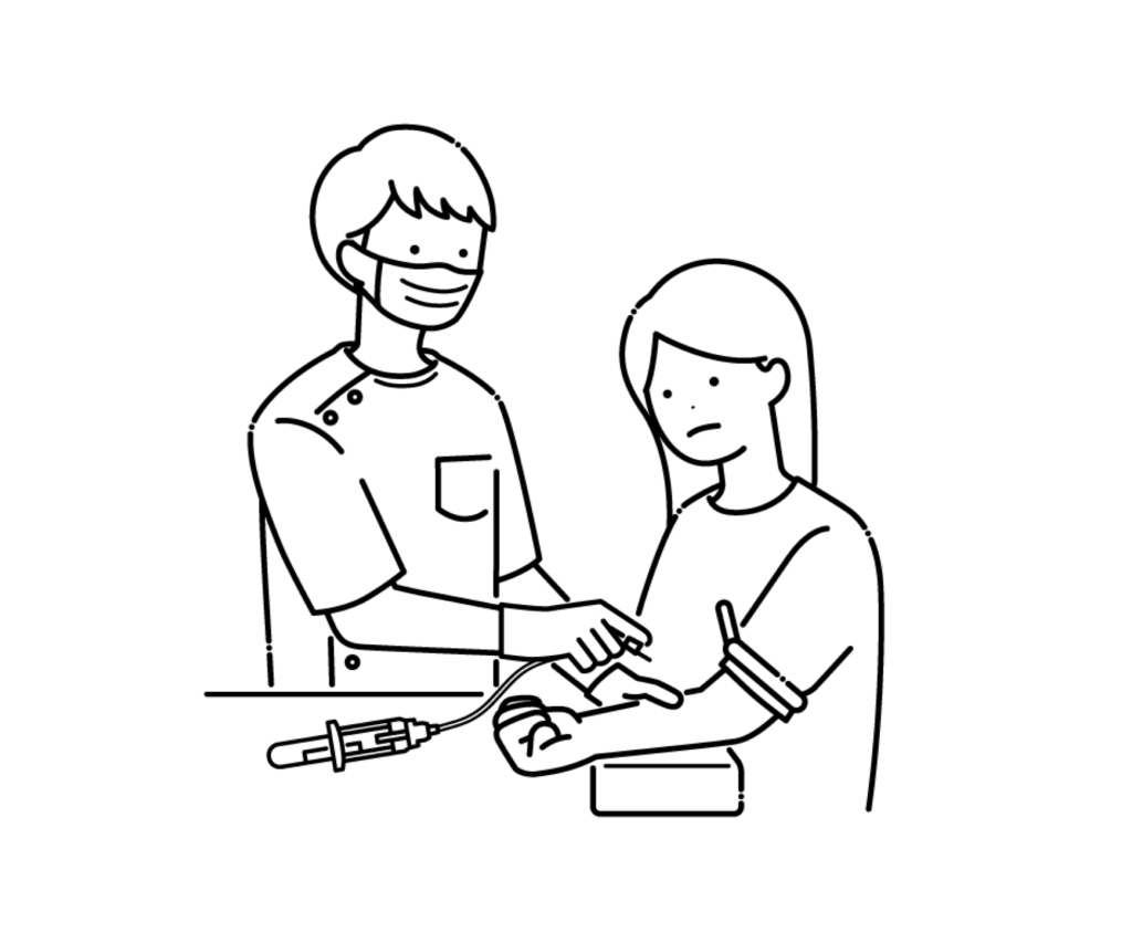 マスクをして採血をするケーシー姿の男性看護師の白黒イラスト