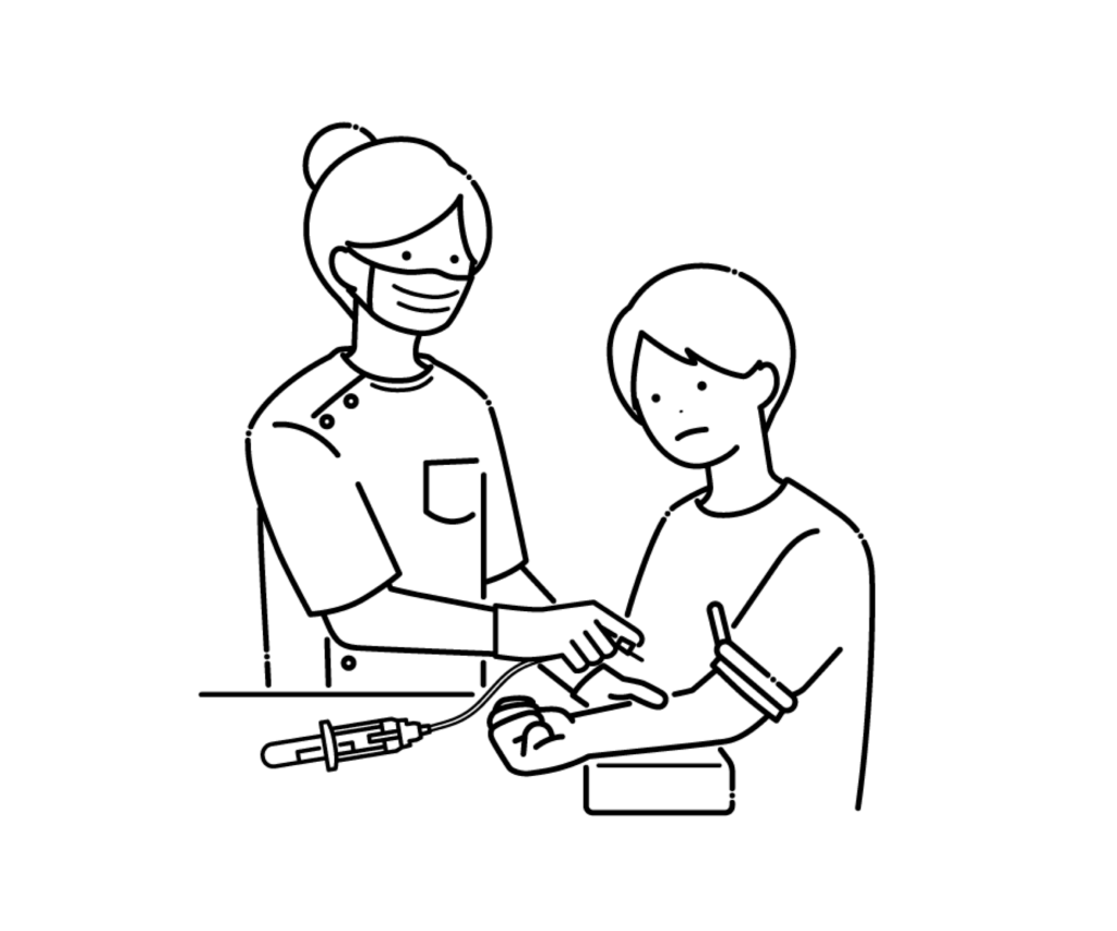 マスクをして採血をするケーシー姿の女性看護師の白黒イラスト