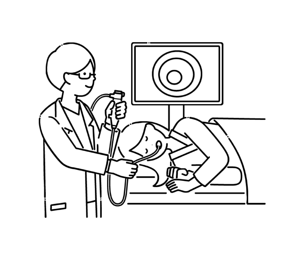 内視鏡検査をする白衣の医師と患者の白黒イラスト