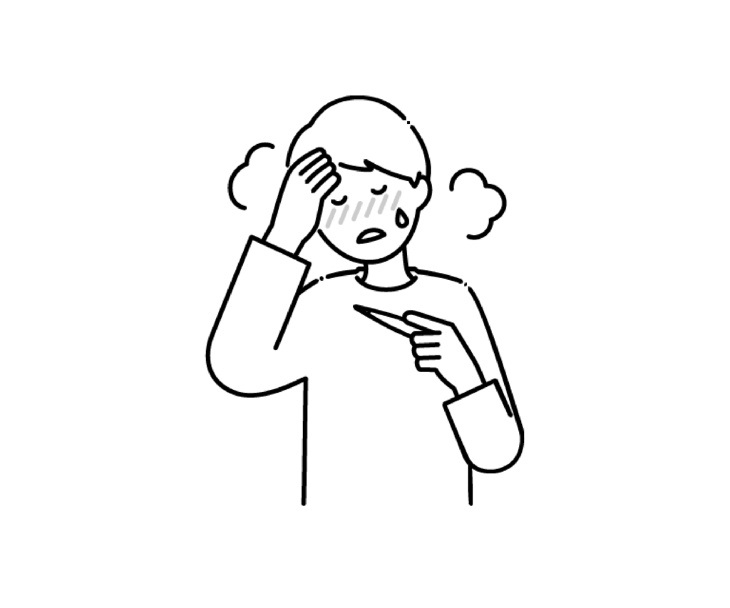 発熱をした男性の白黒イラスト