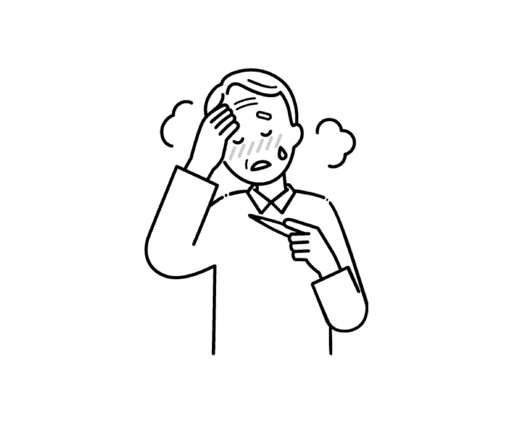 発熱をした高齢男性の白黒イラスト