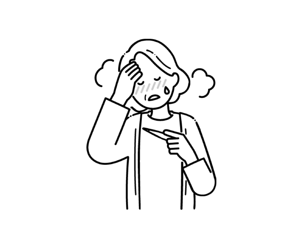 発熱をした高齢女性の白黒イラスト