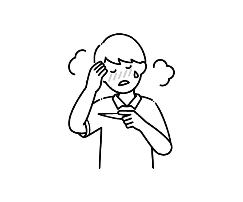 発熱をした小さい男の子の白黒イラスト